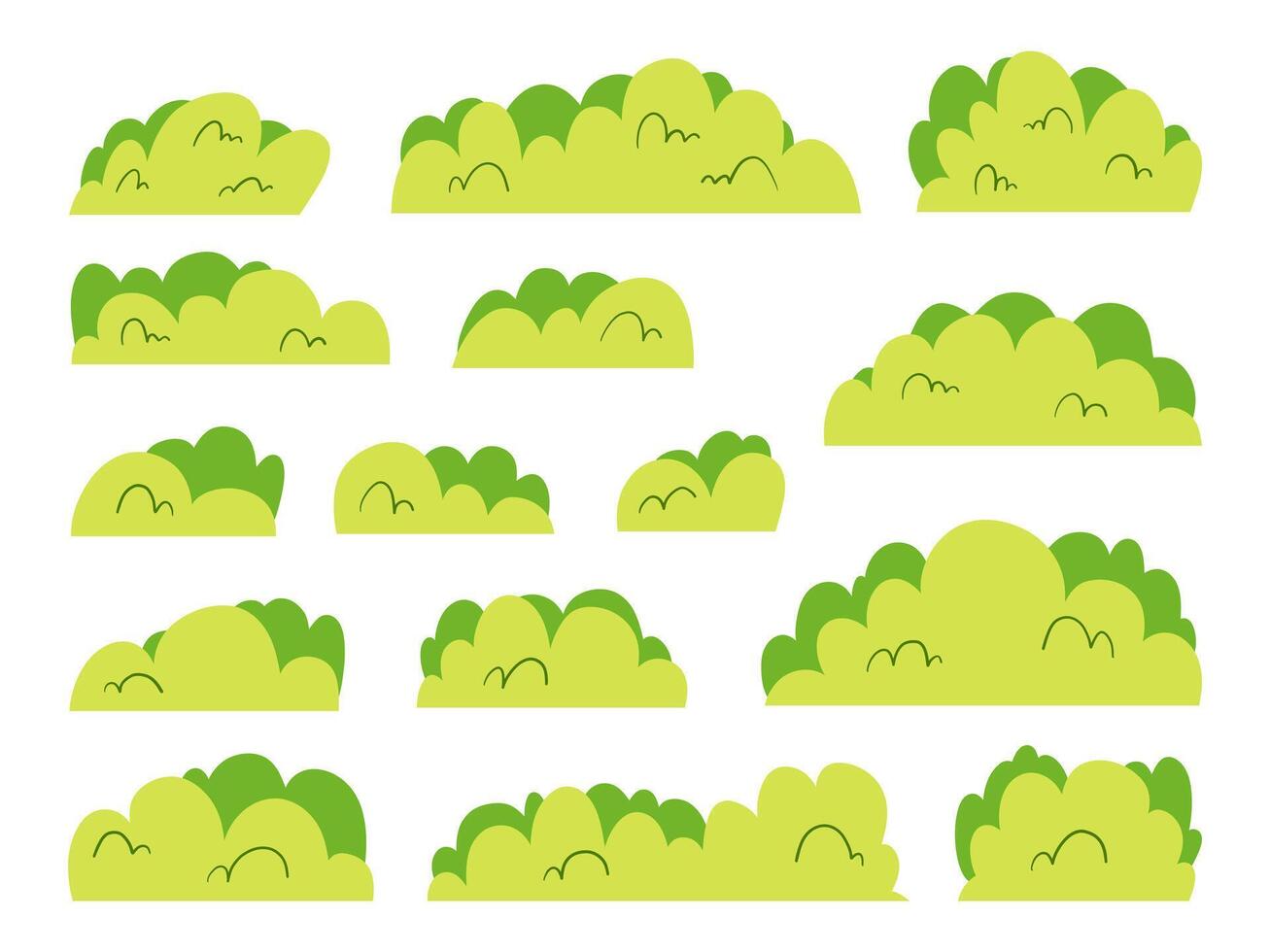 Cartoon Style Hand Drawn Bushes Foliage. A playful collection of 15 cartoon style bushes featuring layered leaves curves soft shapes and more. Perfect for scenes nature decor and whimsical backgrounds vector