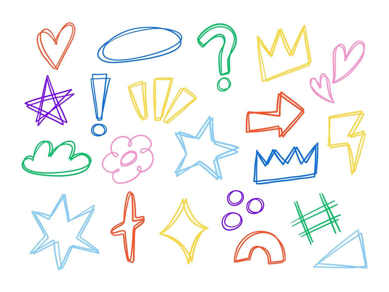 Colorful Hand Drawn Doodle Symbol. A playful collection of 22 colorful hand drawn doodle elements including hearts stars arrows symbols and more. Perfect for fun expressive and creative designs vector