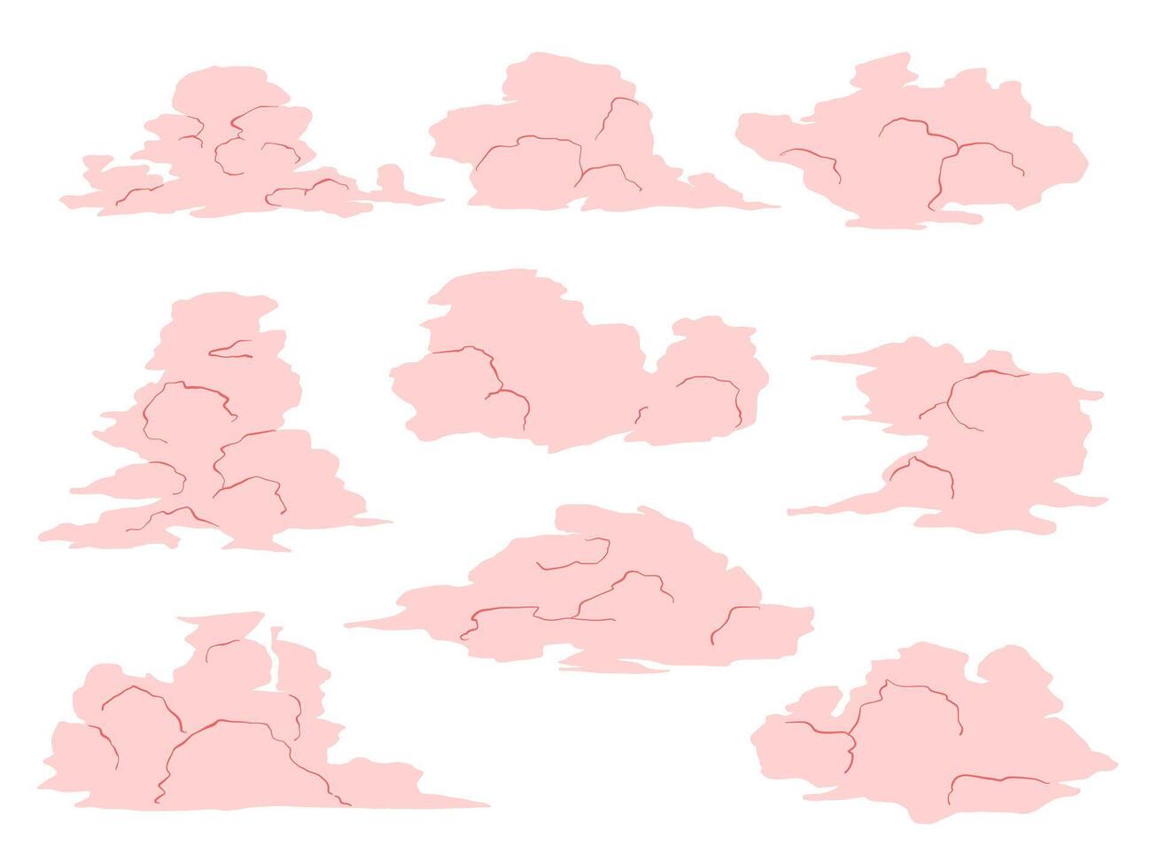 Romantic Hand Drawn Pink Cloud Element. A collection of 9 dreamy pink cloud elements with delicate red cracks in hand drawn style. Perfect for romantic illustrations chinese design poetic journals vector