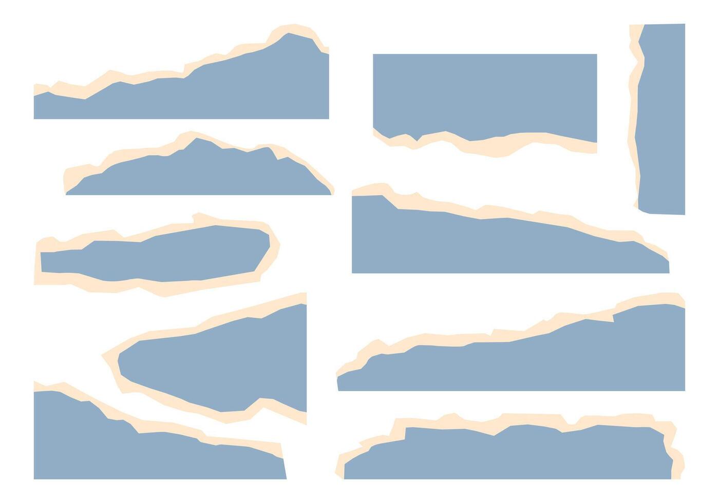 Torn Paper Scrap Blue Fill Beige Edge. A stylish bundle of 10 torn paper elements featuring jagged beige edges and soft blue fill with textured finishes. Perfect for journaling collage layering vector