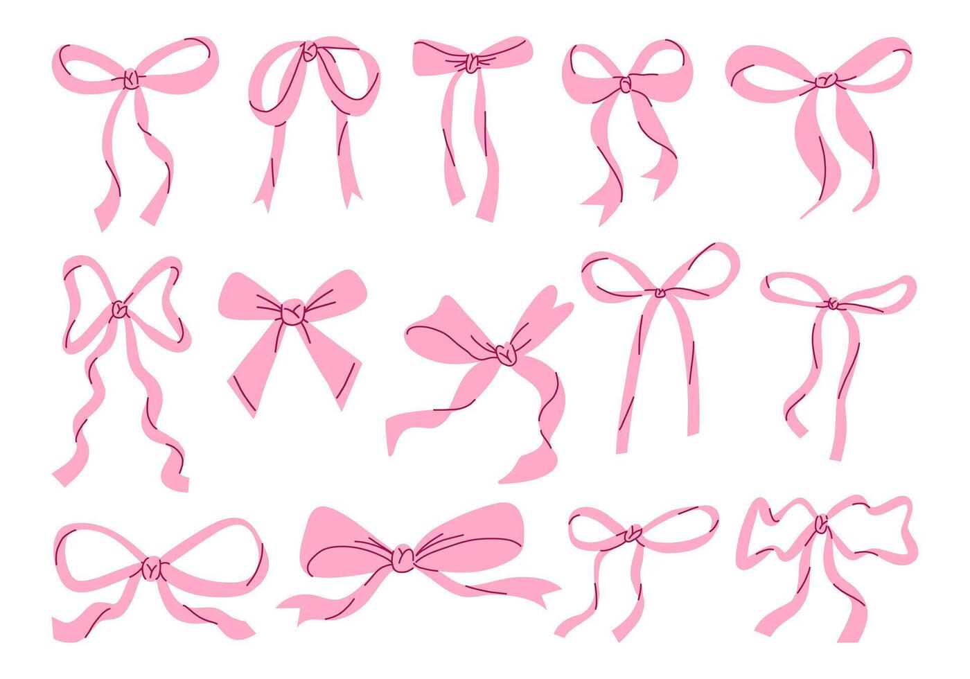 Whimsical Hand Drawn Pink Ribbon Bow. A playful and elegant collection of 14 hand drawn ribbon bows featuring loops curves flowing tails and more. Perfect for packaging girly craft and romantic accent vector