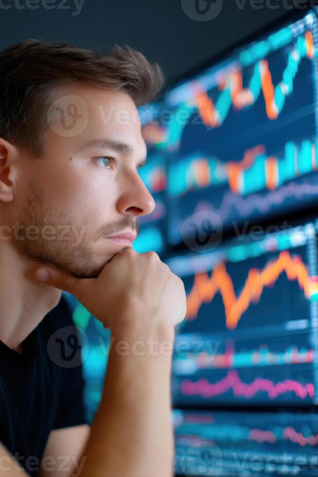 Stock trader analyzing real-time data on multiple computer screens displaying dynamic graphs and charts photo