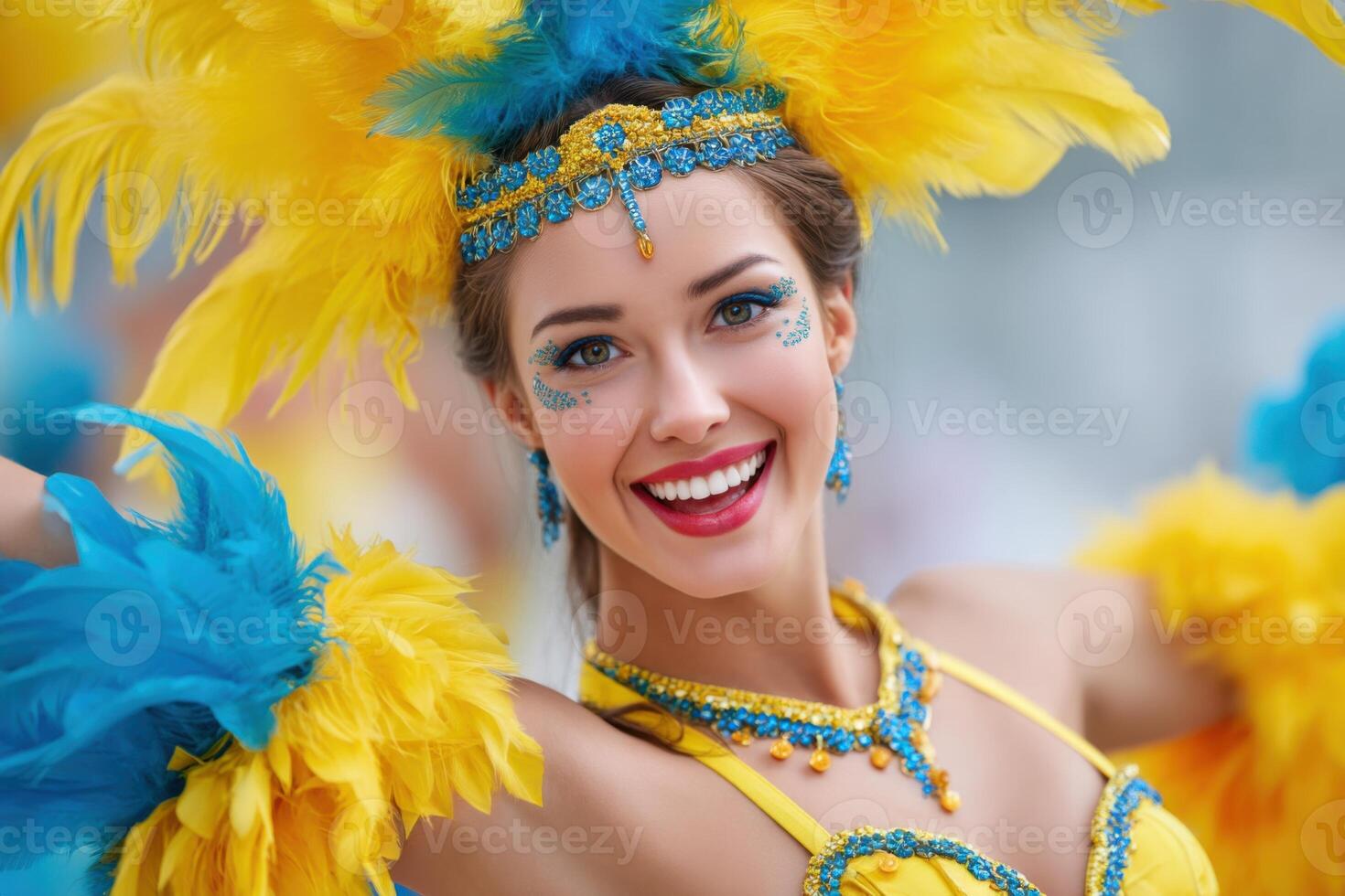 Brazilian Carnival Dancer Smiling and Wearing a Colorful Costume photo