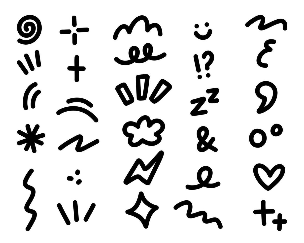 Doodle Style Bold Accent Icon Collection. A bold playful collection of 29 hand drawn doodle elements including loops curves bursts icons strokes symbols. Perfect for comic layouts creative planners vector