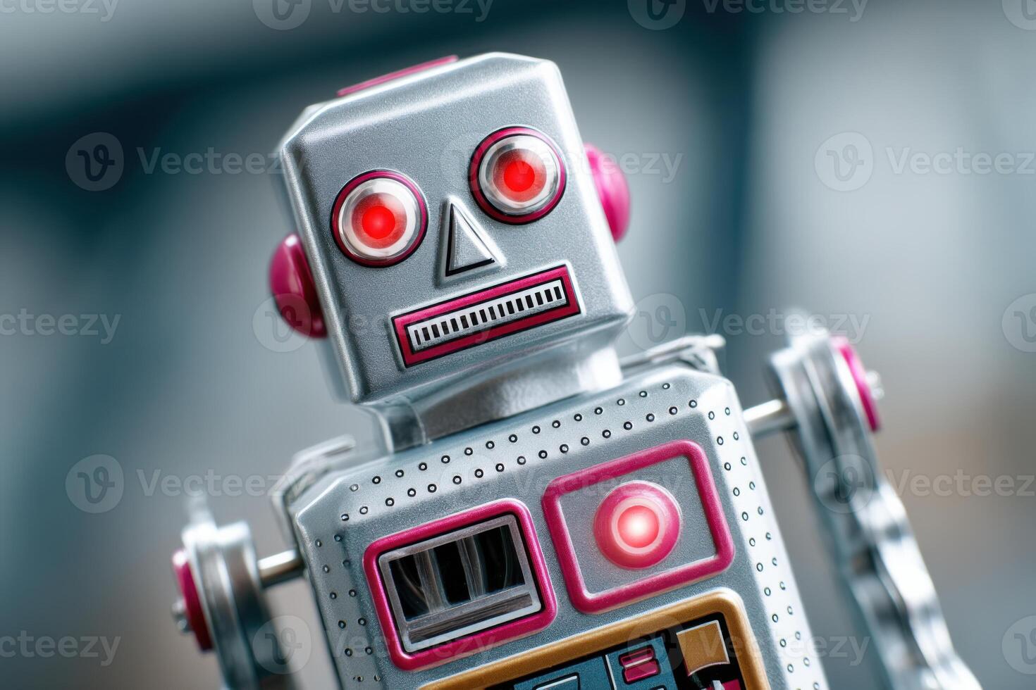 Retro robot toy standing with glowing red eyes and pink details photo