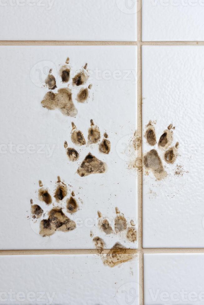 Muddy dog paw prints creating a mess on white tiled floor photo