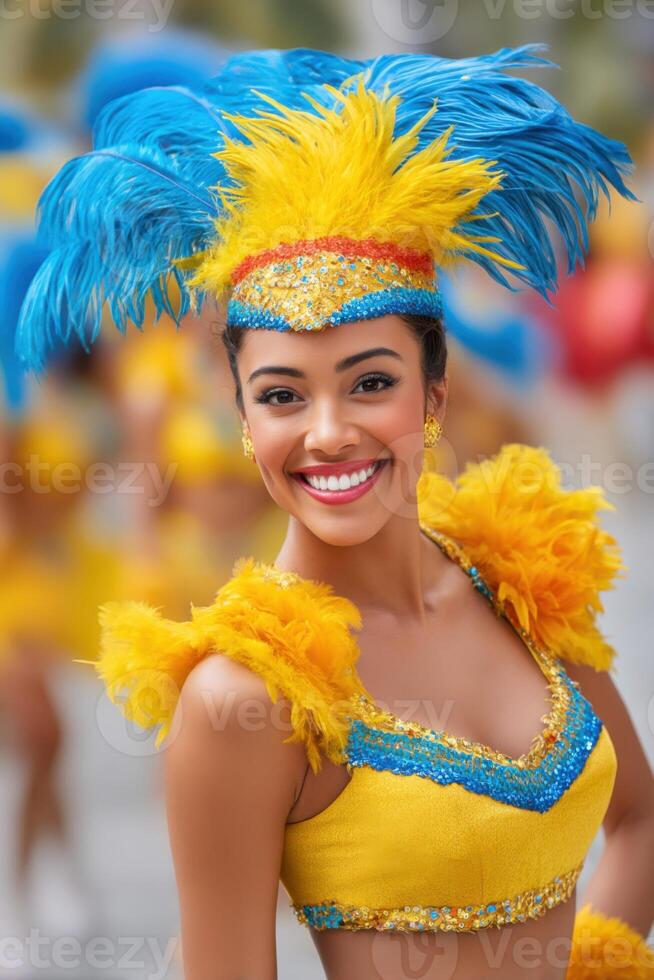 Brazilian samba dancer smiling and wearing a colorful costume with feathers during Carnival parade photo