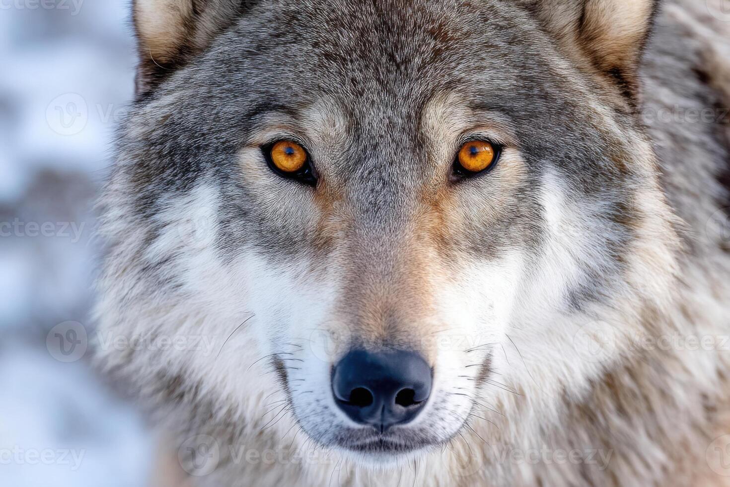 Close-up portrait of a dire wolf showing its glowing orange eyes in the snow photo