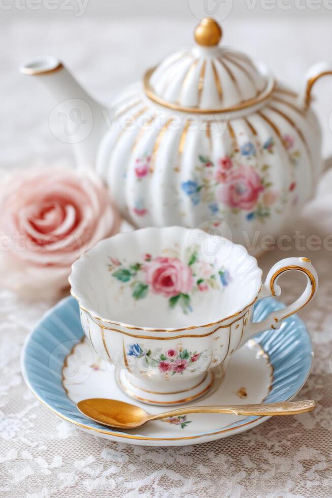 Elegant porcelain tea set with floral design featuring a teapot and cup on lace tablecloth, perfect for afternoon tea and relaxation, tea time concept photo