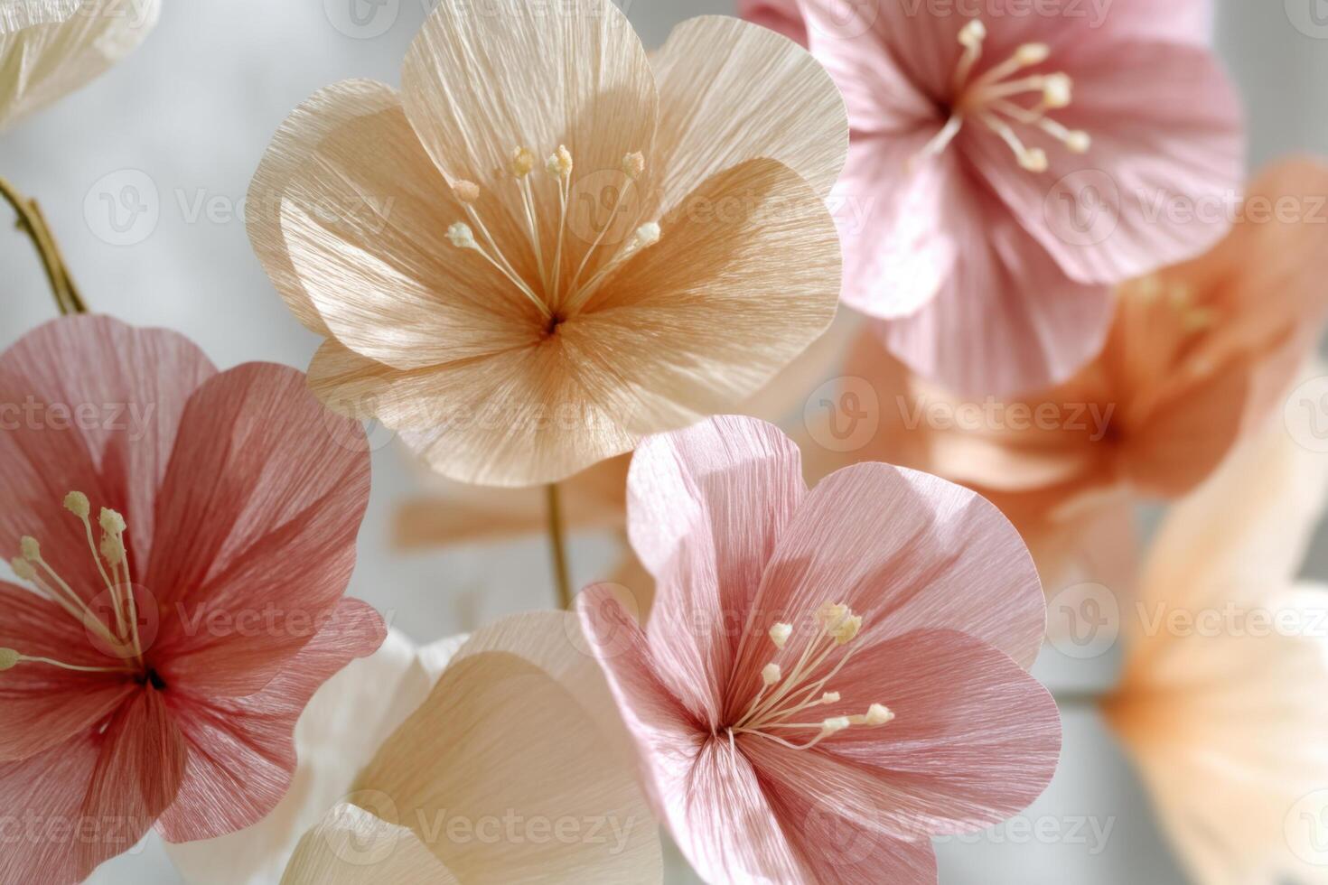 Delicate paper flowers in soft pastel colors arranged beautifully, showcasing intricate details and textures, perfect for floral decoration and artistic expression concept photo