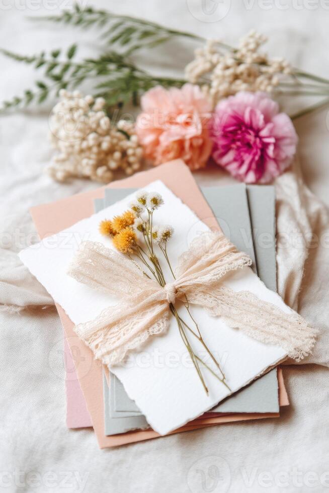 Floral arrangement on decorative cards with lace ribbon showcasing vibrant blooms and delicate greenery for a creative stationery design concept photo