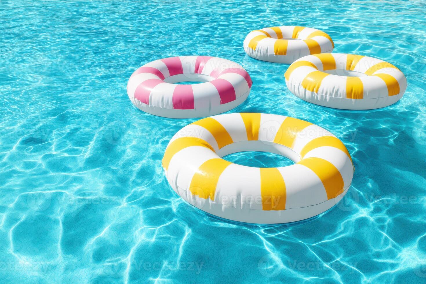 Colorful inflatable pool rings floating in clear blue water creating a vibrant summer atmosphere ideal for relaxation and fun water activities concept photo