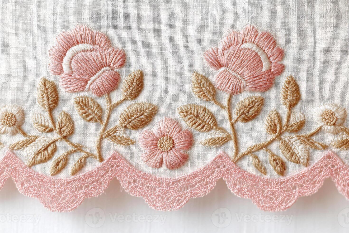 Beautiful floral embroidery design featuring pink roses and delicate leaves on a soft fabric background showcasing intricate craftsmanship and artistic expression concept photo