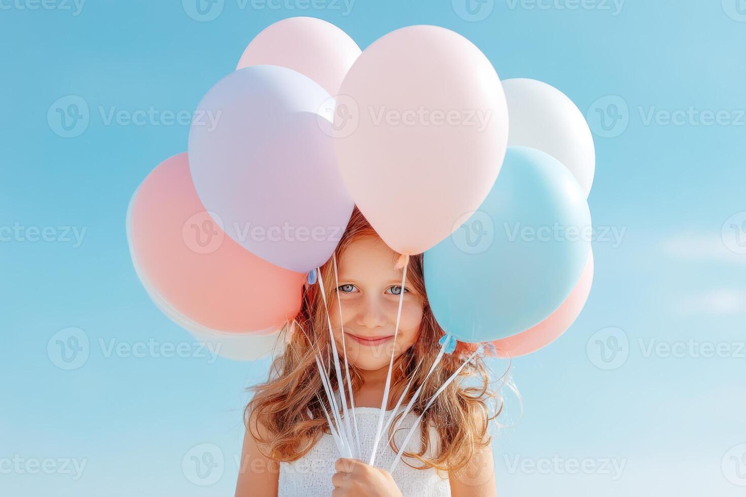 Joyful child holding colorful balloons against a bright blue sky, capturing the essence of happiness and celebration, cheerful atmosphere concept photo