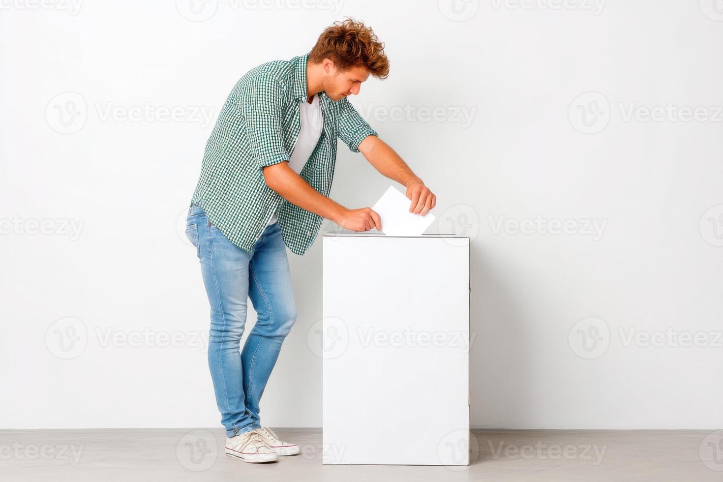 Engaging in the voting process, a young individual casting a ballot into a ballot box, emphasizing civic duty and participation in democracy concept photo