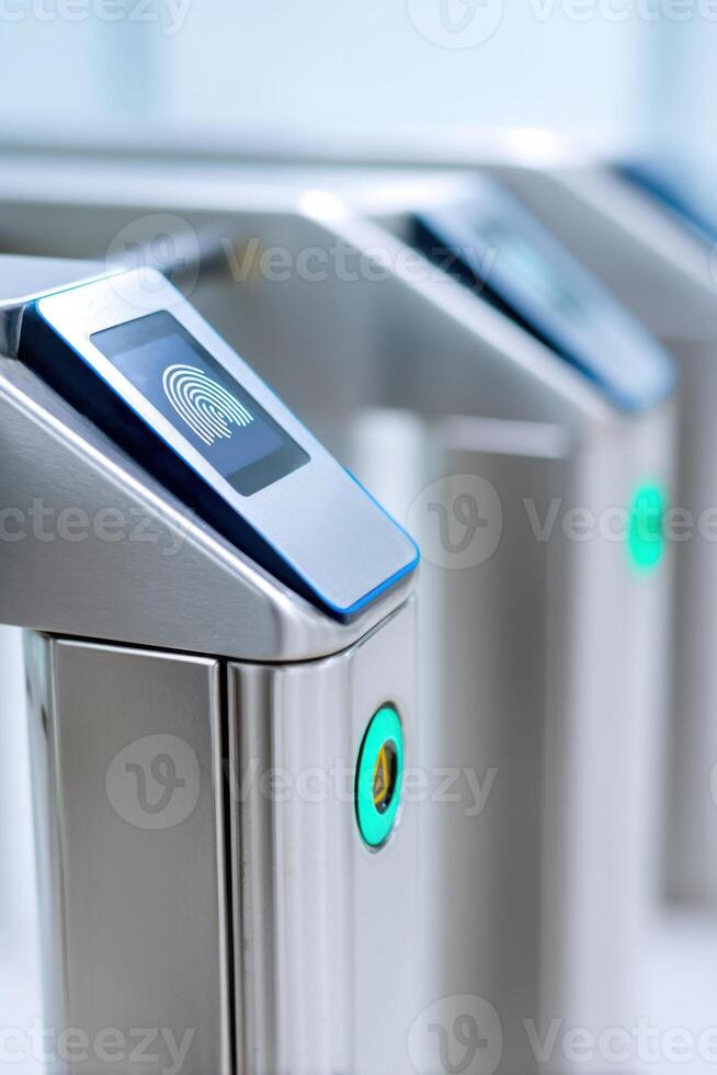 Modern biometric turnstile system for secure access control in public spaces, featuring fingerprint recognition technology and user-friendly interface, security concept photo