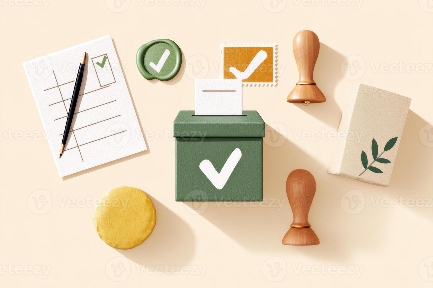 Voting process illustrated with a ballot box, checkmarks, stamps, and stationery items representing civic engagement and democratic participation concept photo