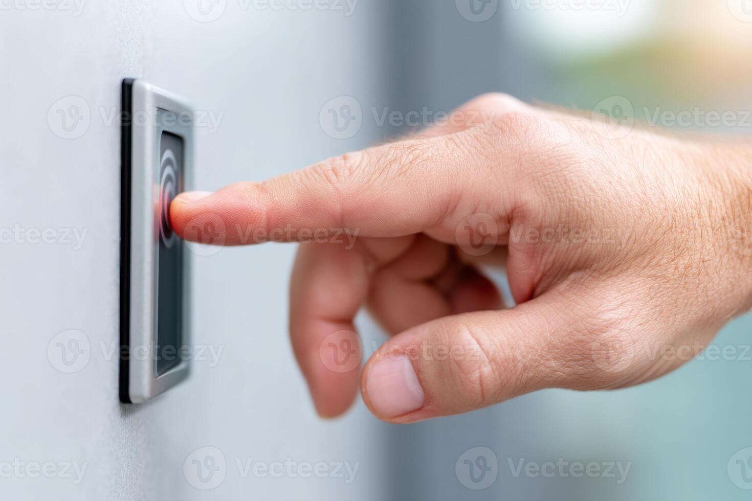 Finger pressing modern doorbell button on wall, showcasing technology and convenience in home security systems, smart home innovation concept photo