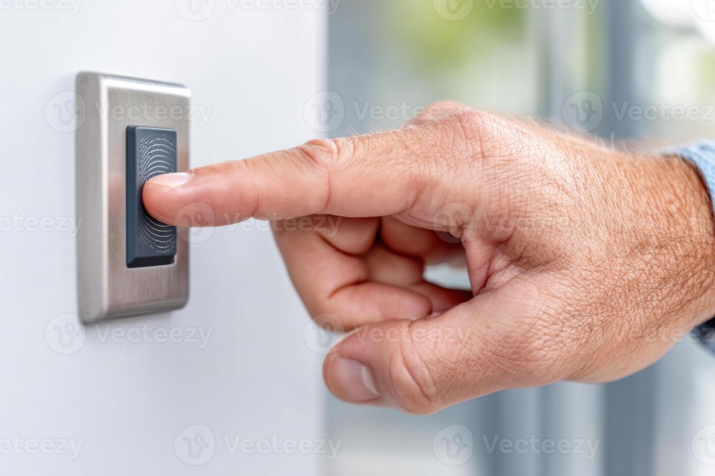 Finger pressing modern doorbell button on exterior wall showcasing innovative technology and convenience in home automation design concept photo