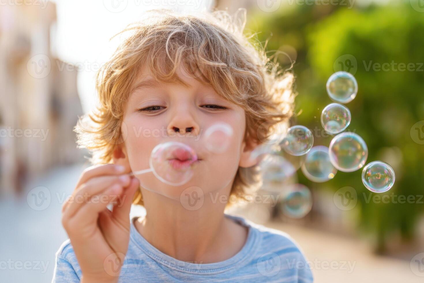 Joyful child blowing bubbles outdoors, capturing the essence of childhood playfulness and innocence, evoking a sense of wonder and joy, bubble play concept photo