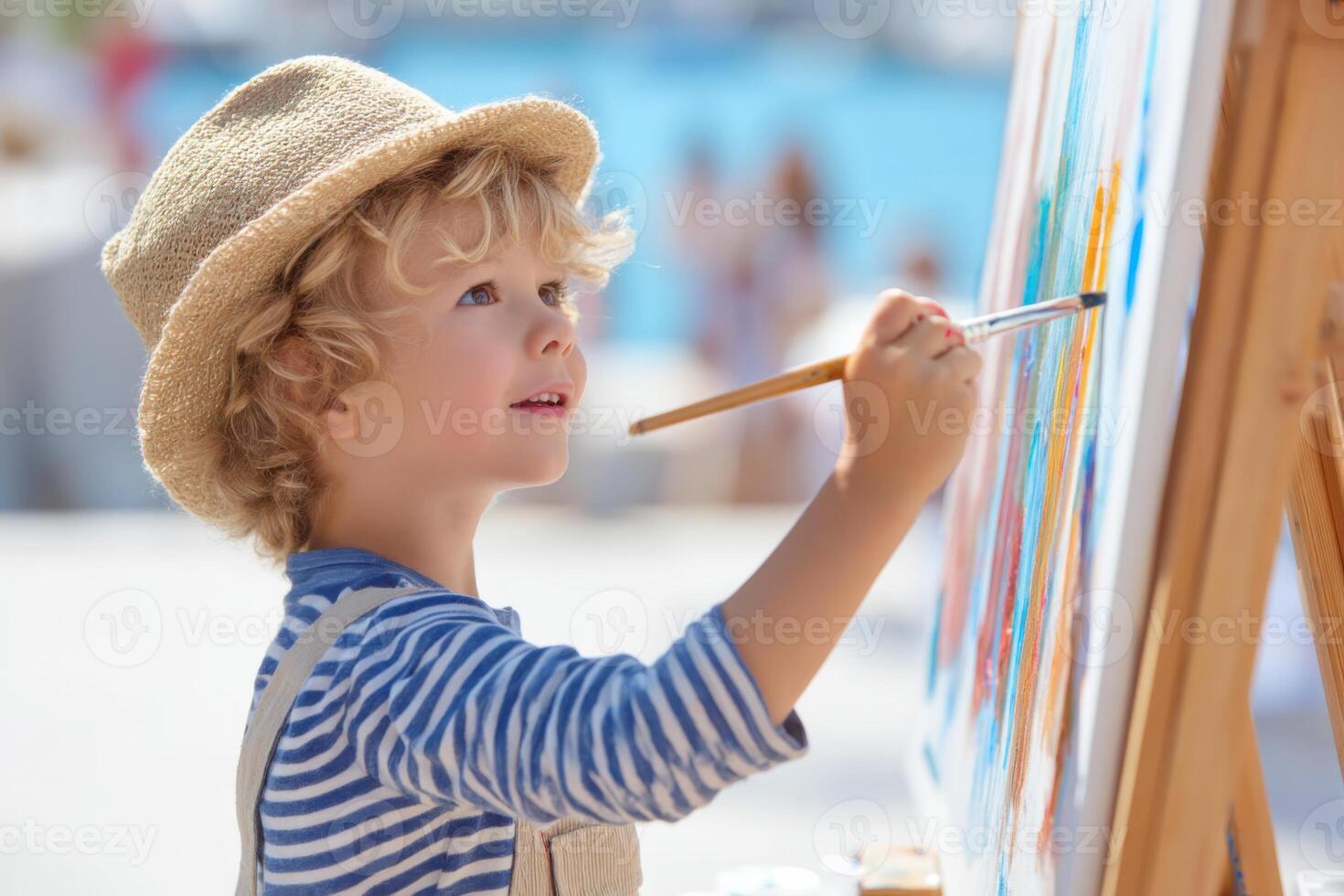 Young artist painting on canvas outdoors, showcasing creativity and imagination in a vibrant setting, expressing joy and passion for art, artistic expression concept photo