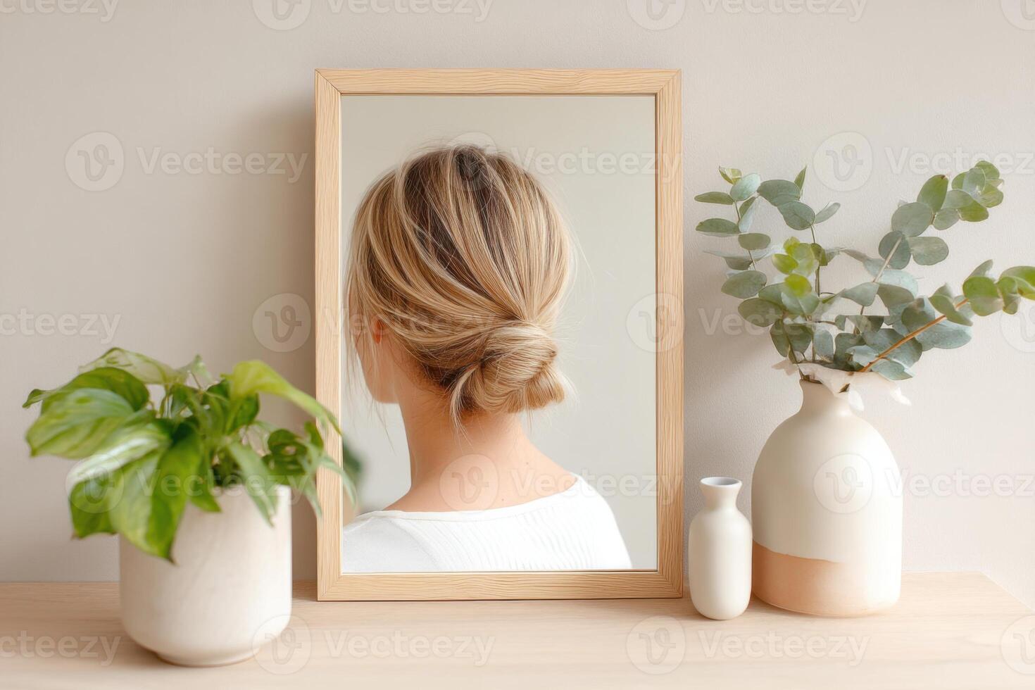 Elegant hairstyle showcased in a mirror reflection with lush greenery and decorative vases creating a serene atmosphere for beauty and self-care concept photo