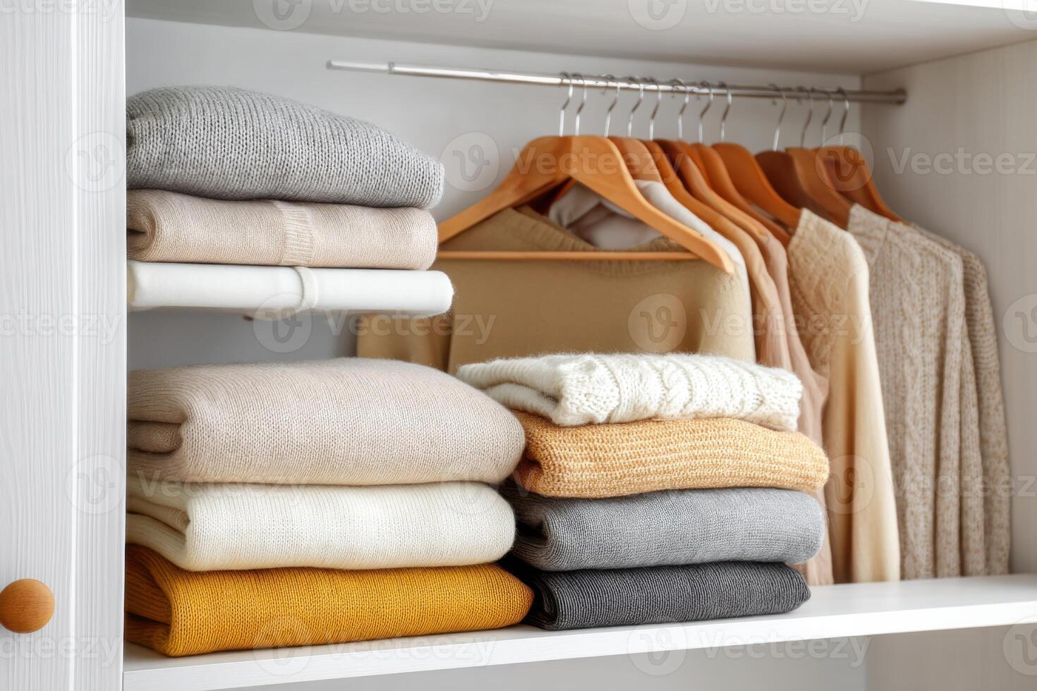 Neatly organized wardrobe showcasing various folded sweaters and hanging garments in soft colors emphasizing a minimalist approach to clothing storage concept photo