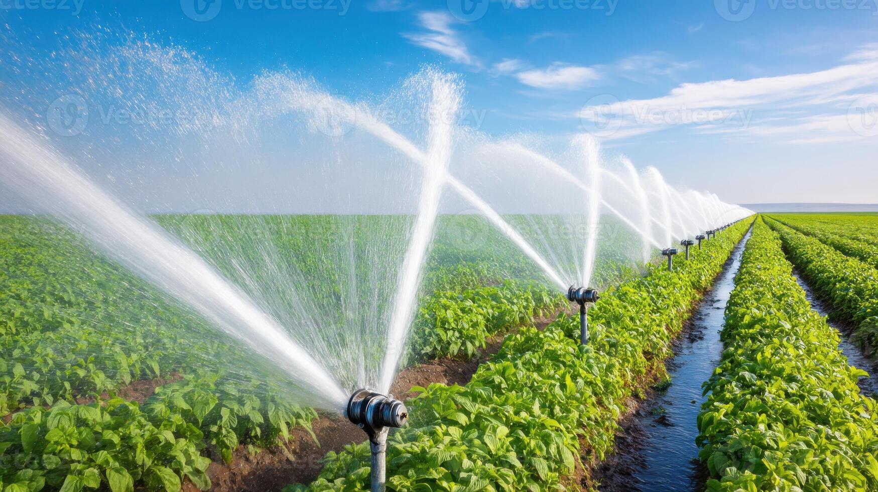 Irrigation system watering lush green crops in a vast agricultural field under a clear blue sky showcasing sustainable farming practices healthy agriculture concept photo