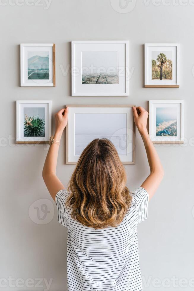 Individual arranging a stylish gallery wall with various framed photographs showcasing nature, landscapes, and abstract art in a contemporary living space photo
