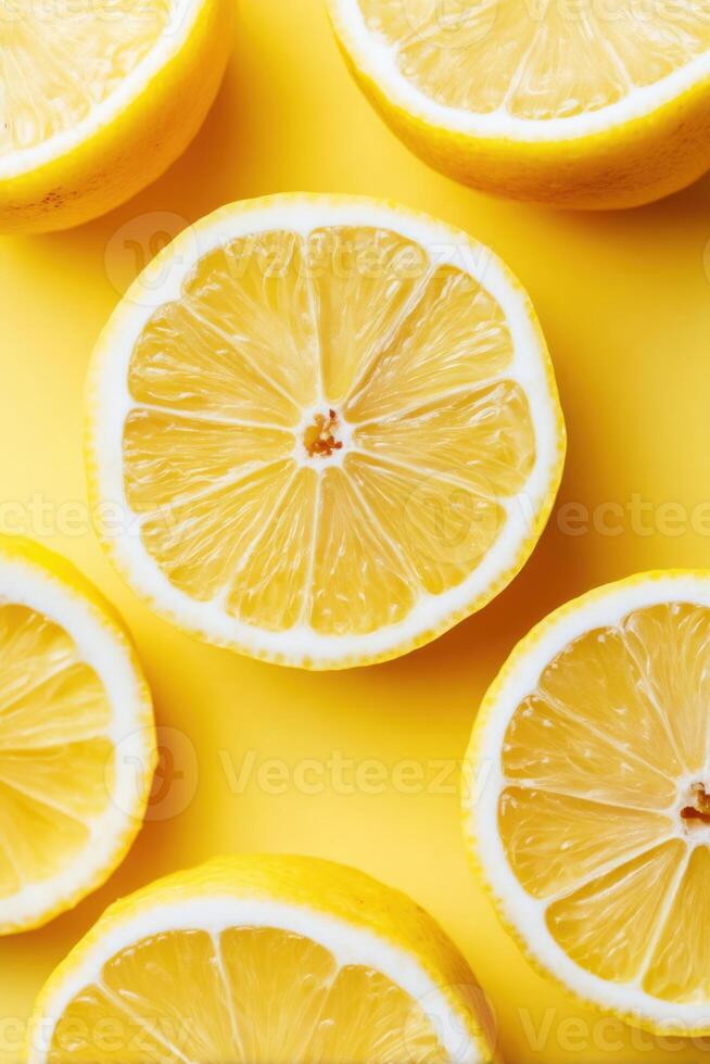 Brightly sliced lemons arranged artistically on vibrant yellow background showcasing fresh citrus fruit with juicy texture and refreshing summer vibes for culinary inspiration photo