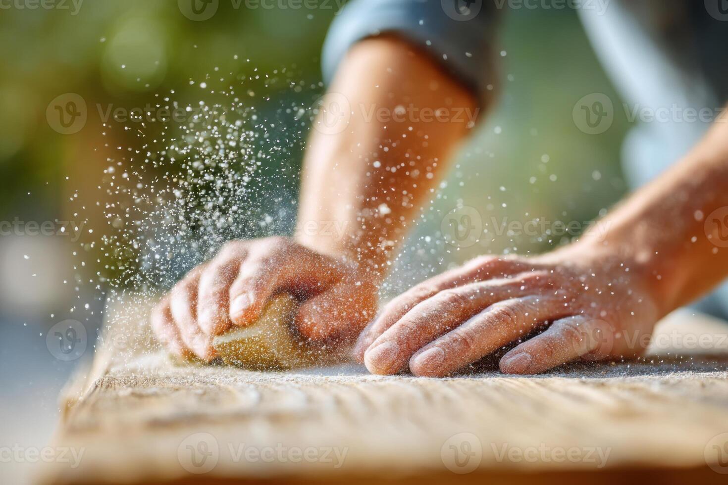 Skilled artisan sanding wooden surface with focused hands creating fine dust particles in bright workshop atmosphere emphasizing craftsmanship and dedication to quality photo