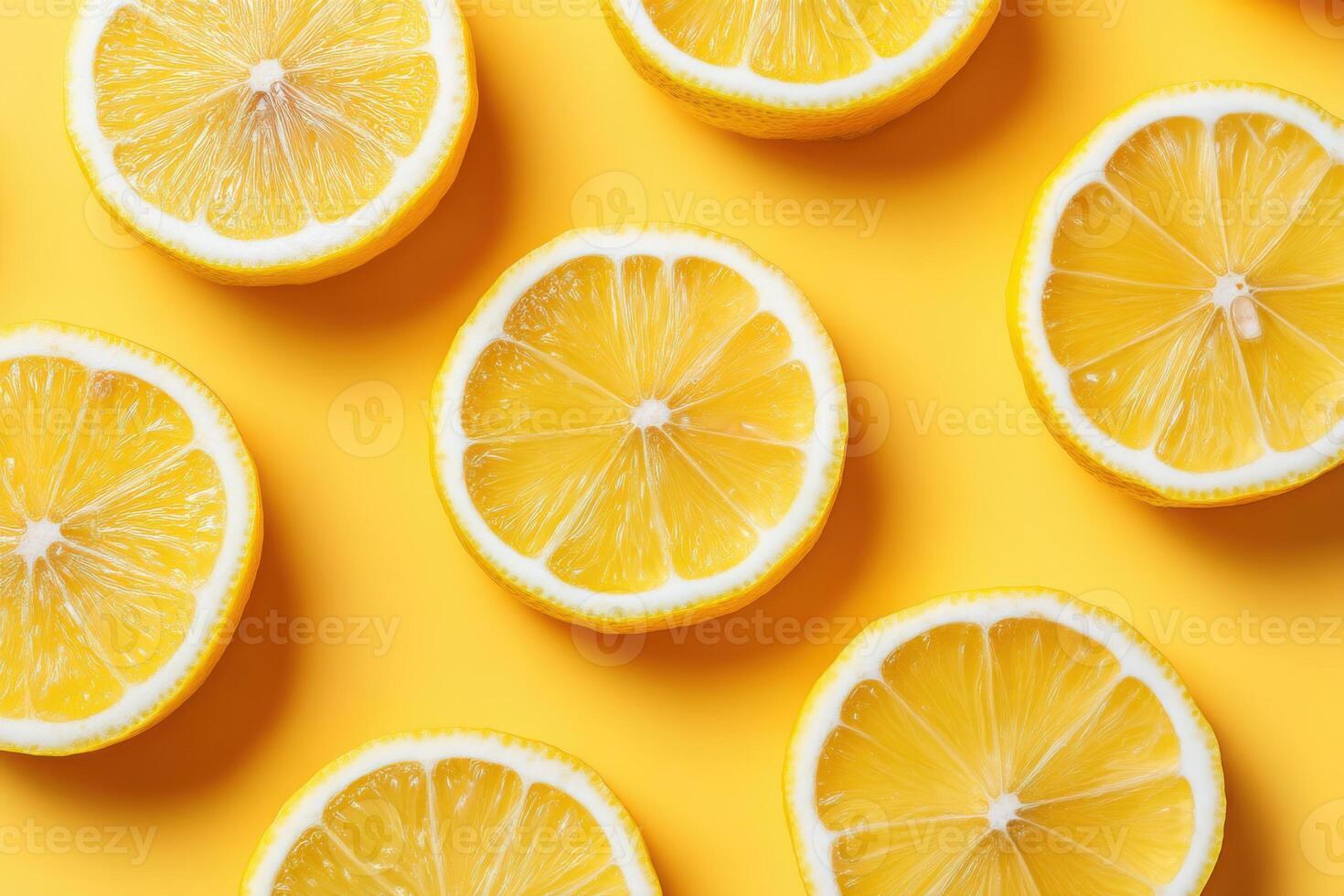 Brightly colored lemon slices arranged artistically on vibrant yellow background showcasing freshness and zestful essence of citrus fruits in culinary applications photo
