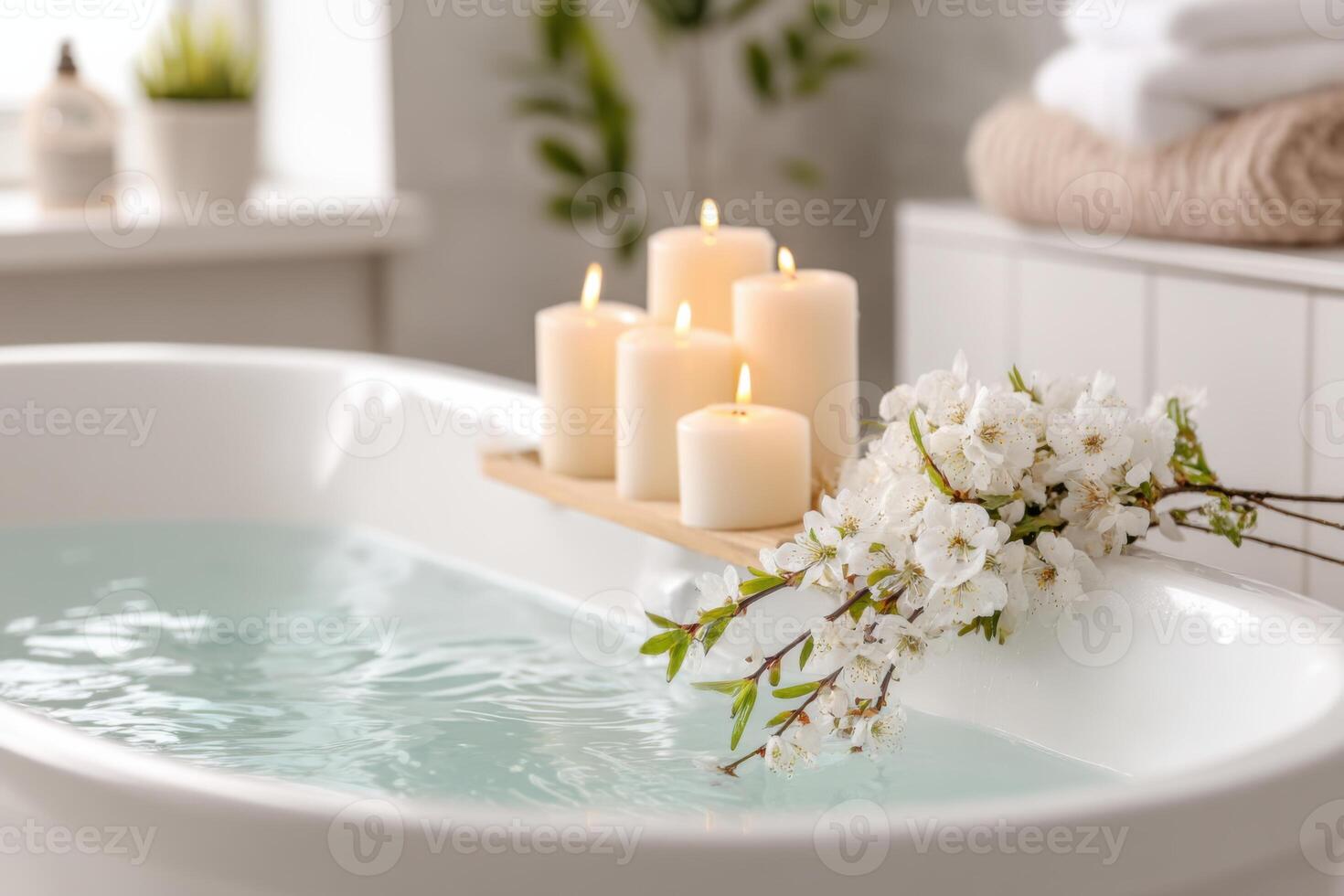 Serene bathroom scene featuring a white bathtub filled with calm water, adorned with candles and delicate flowers, creating a tranquil atmosphere for relaxation and self-care photo