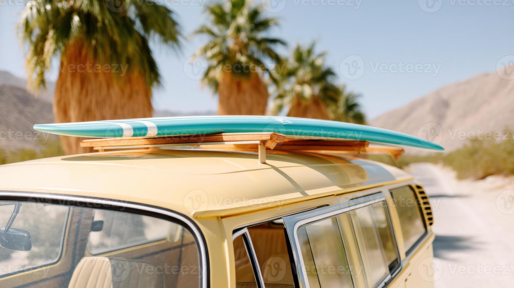 Vintage yellow vehicle parked on a sunlit road, featuring a vibrant surfboard on the roof, surrounded by palm trees and a picturesque desert landscape, evoking a sense of adventure photo