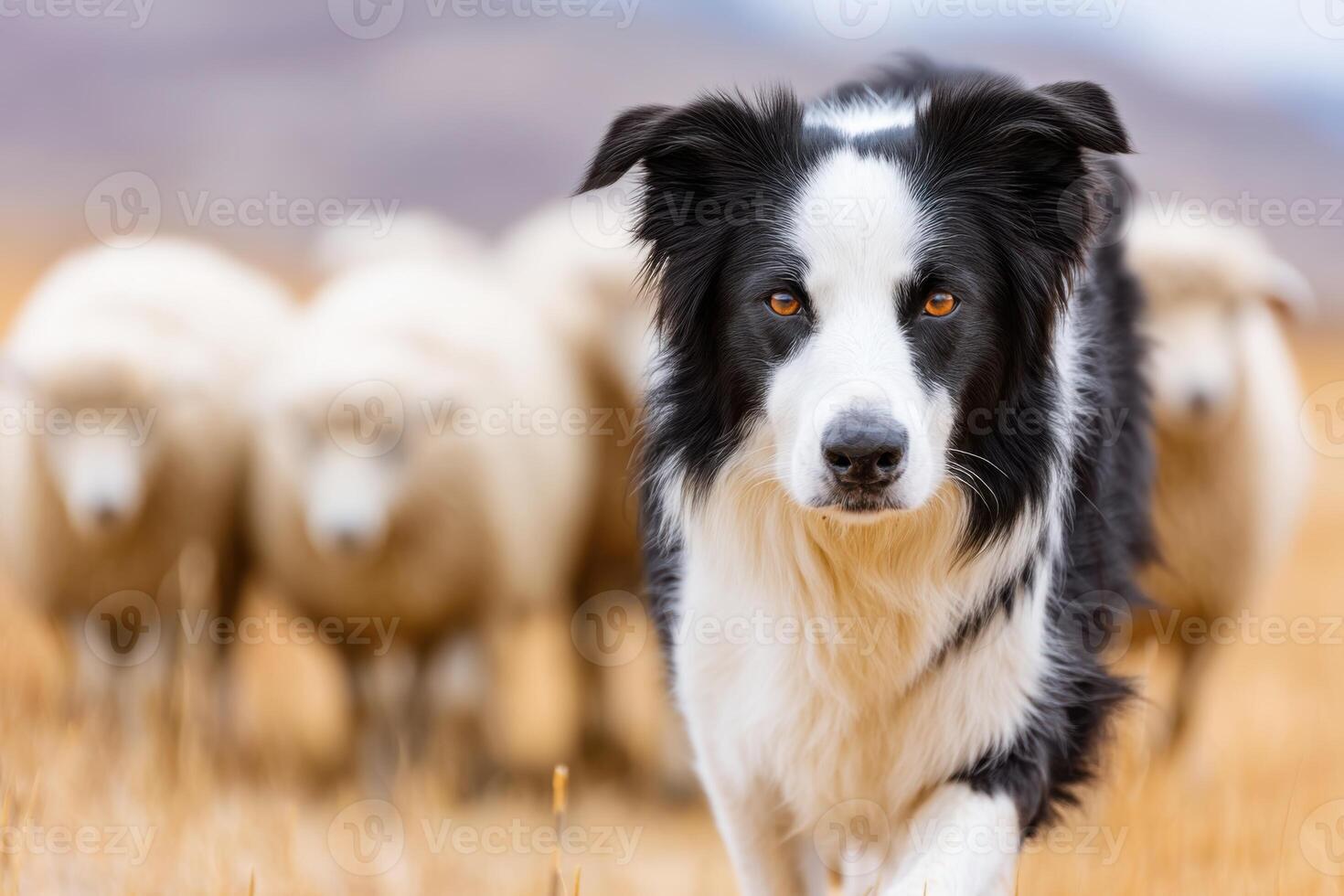 Energetic black and white herding dog confidently guiding a flock of sheep across a golden field, showcasing teamwork and the bond between animals in a pastoral setting photo