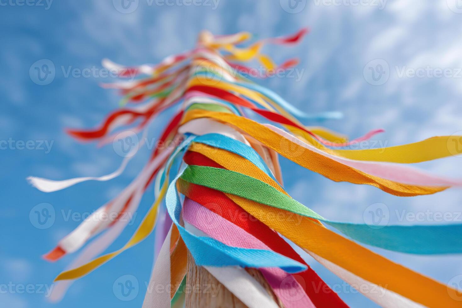 Colorful maypole adorned with vibrant ribbons swaying gently in the breeze against a clear blue sky, symbolizing celebration and community spirit during festive occasions photo