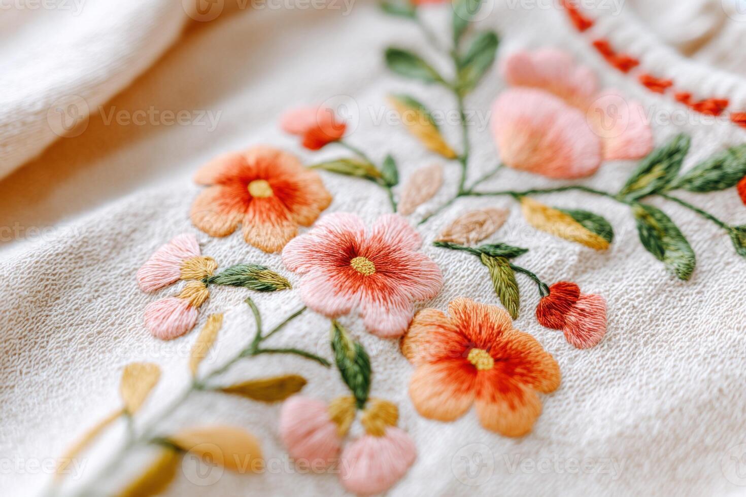 Close-up view of intricate floral embroidery featuring vibrant orange and pink flowers on a soft cream fabric, showcasing craftsmanship and artistic detail in textile design photo