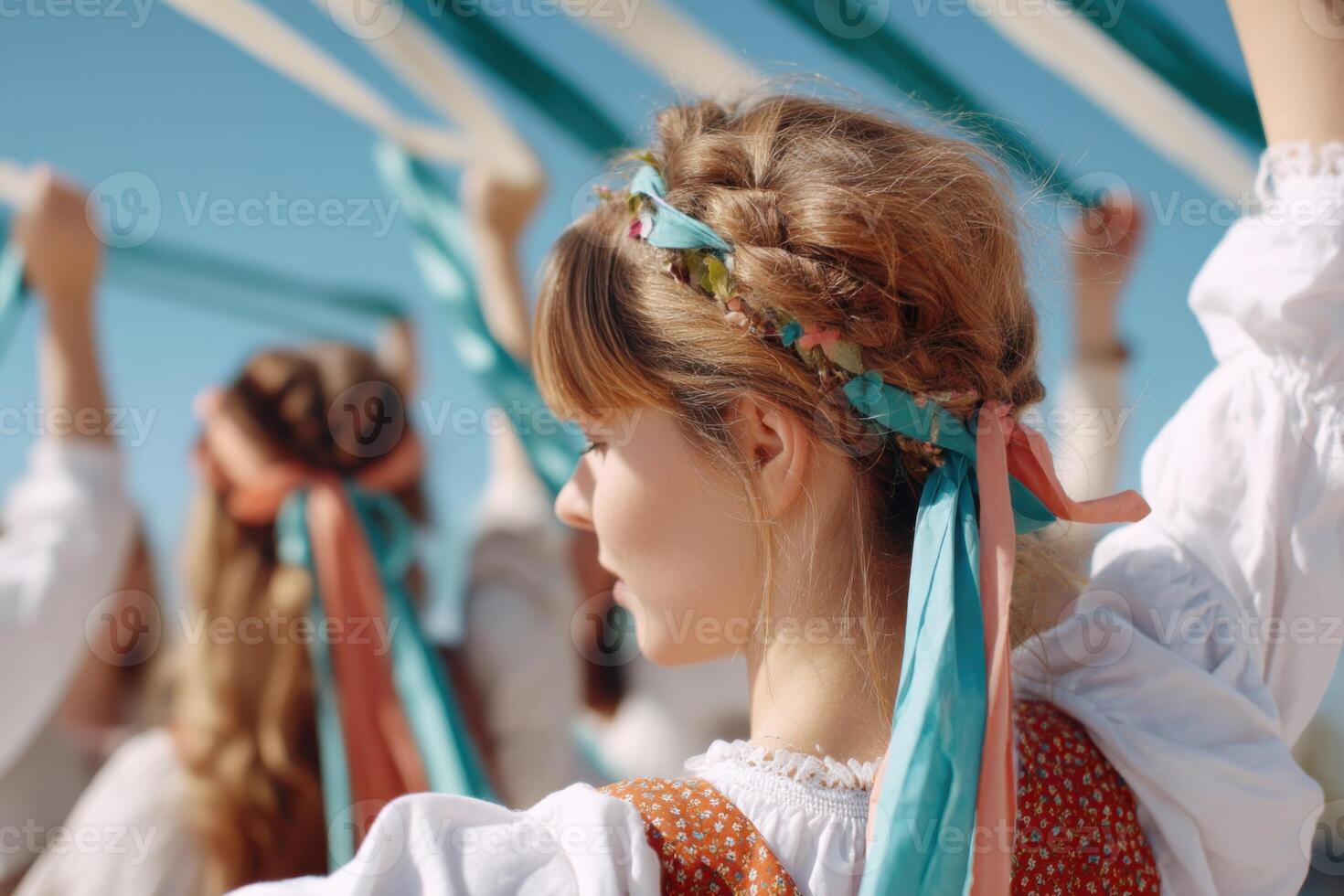 Young woman with braided hair adorned with colorful ribbons, participating in a traditional maypole dance, surrounded by joyful dancers under a clear blue sky celebrating springtime festivities photo