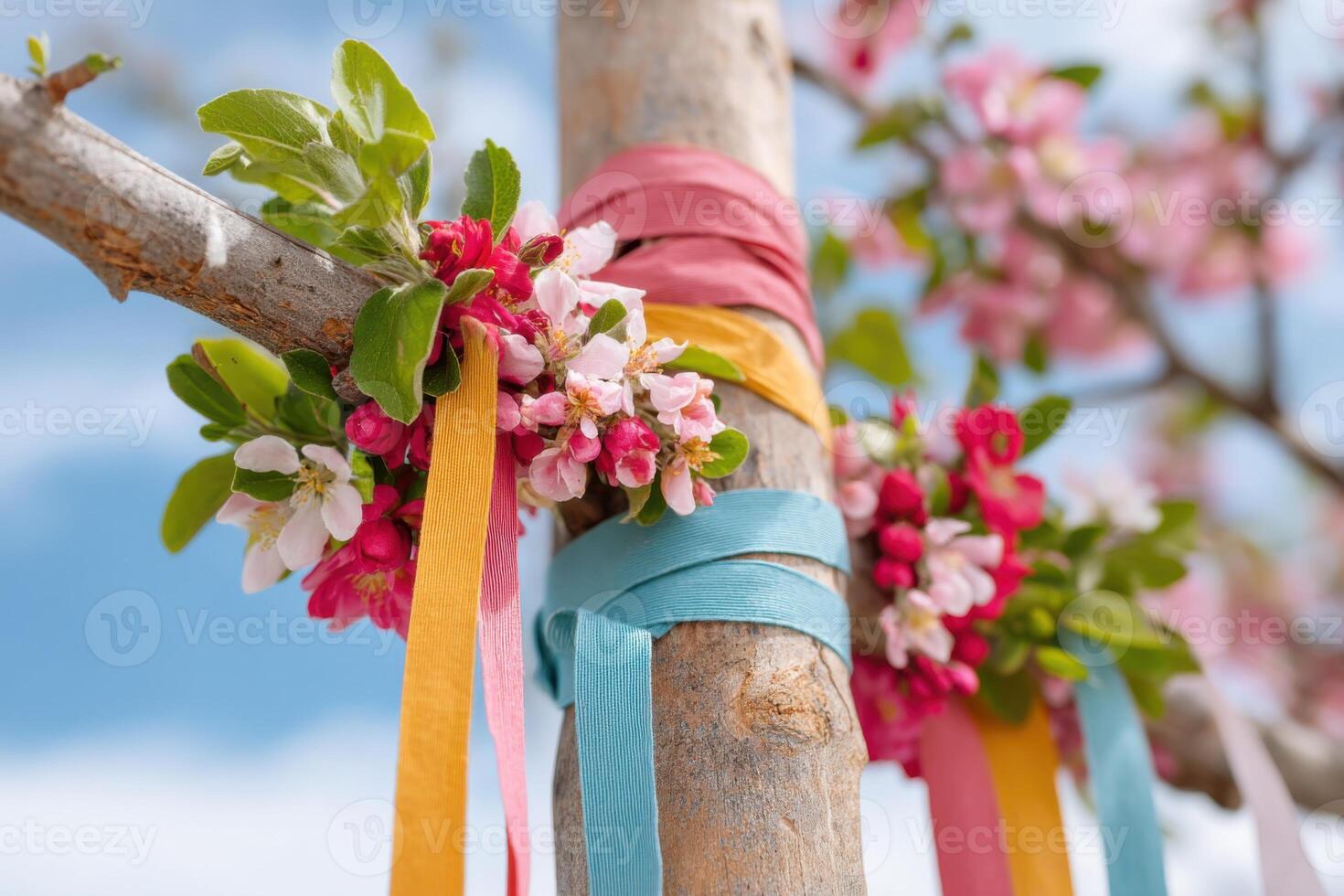 Maypole adorned with vibrant ribbons and fresh blossoms, celebrating springtime festivities, surrounded by a clear blue sky and blooming flowers, symbolizing joy and renewal photo