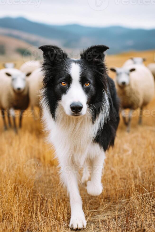 Energetic black and white herding dog confidently walking through golden grass, guiding a flock of sheep in a picturesque rural landscape with rolling hills in the background photo