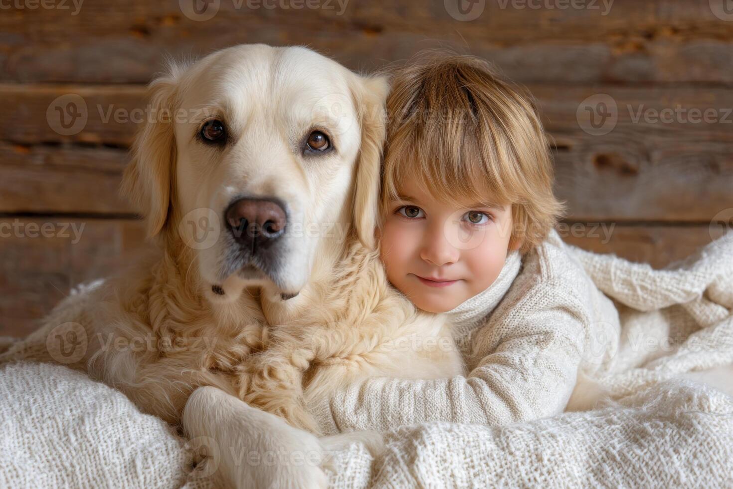 Adorable young child snuggling with a golden retriever, both resting comfortably on a cozy blanket, radiating warmth and companionship in a serene indoor setting photo