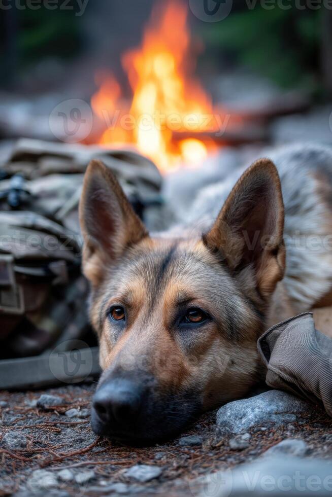 German shepherd resting near a campfire, surrounded by nature, showcasing a serene atmosphere with soft lighting and warm colors in a tranquil outdoor setting photo