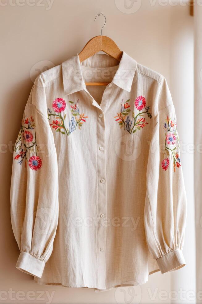 Elegant beige shirt with intricate floral embroidery on sleeves, showcasing vibrant colors and delicate craftsmanship, perfect for casual or semi-formal occasions and stylish layering photo