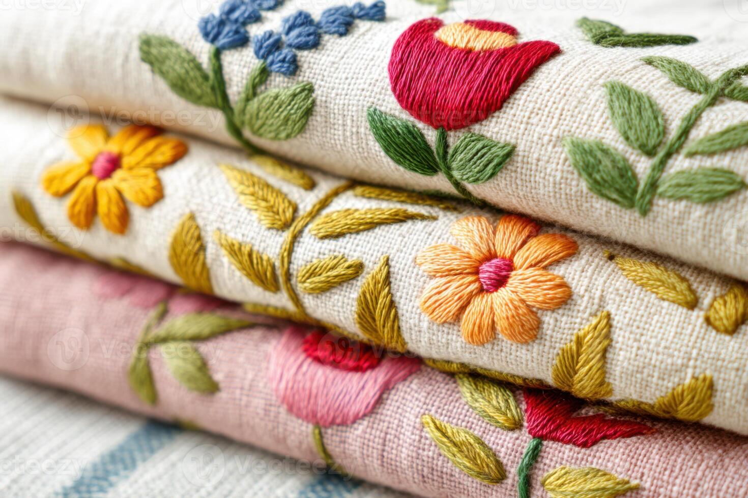 Colorful embroidered fabric showcasing intricate floral designs in vibrant hues, stacked neatly to highlight craftsmanship and artistic expression in textile art and design photo
