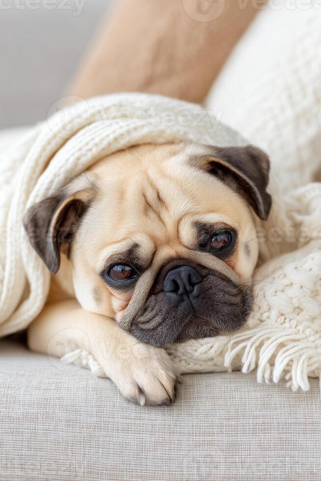 Relaxed pug dog resting comfortably on a cozy couch, wrapped in a soft blanket, showcasing its adorable features and calm demeanor in a warm, inviting living space photo