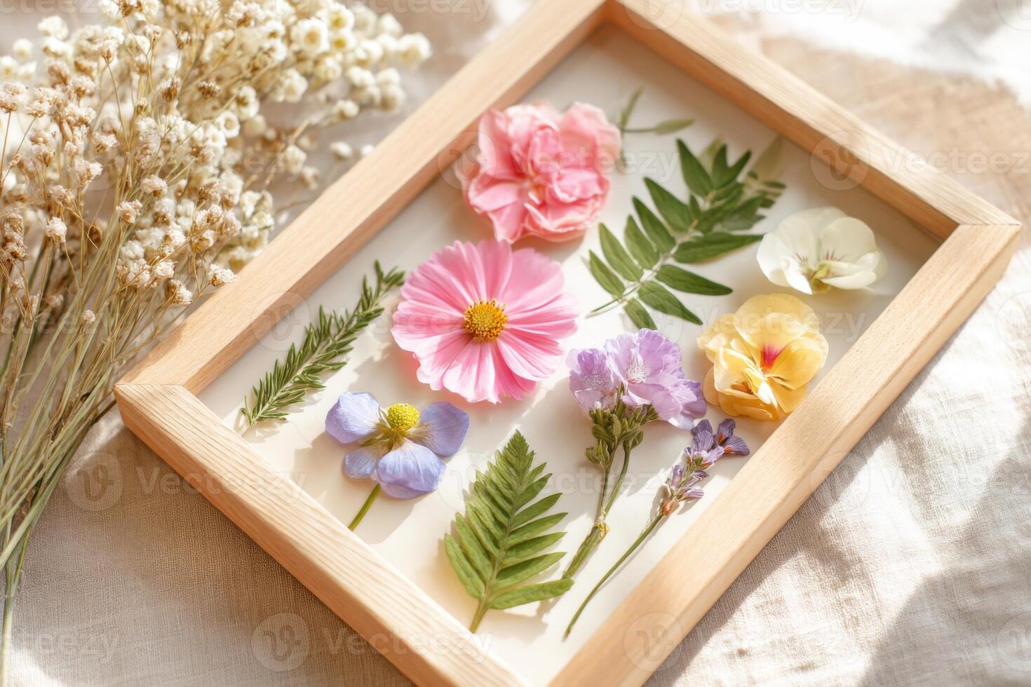 Colorful pressed flowers arranged in a wooden frame, showcasing delicate petals and vibrant hues, surrounded by dried floral accents on a soft fabric background photo