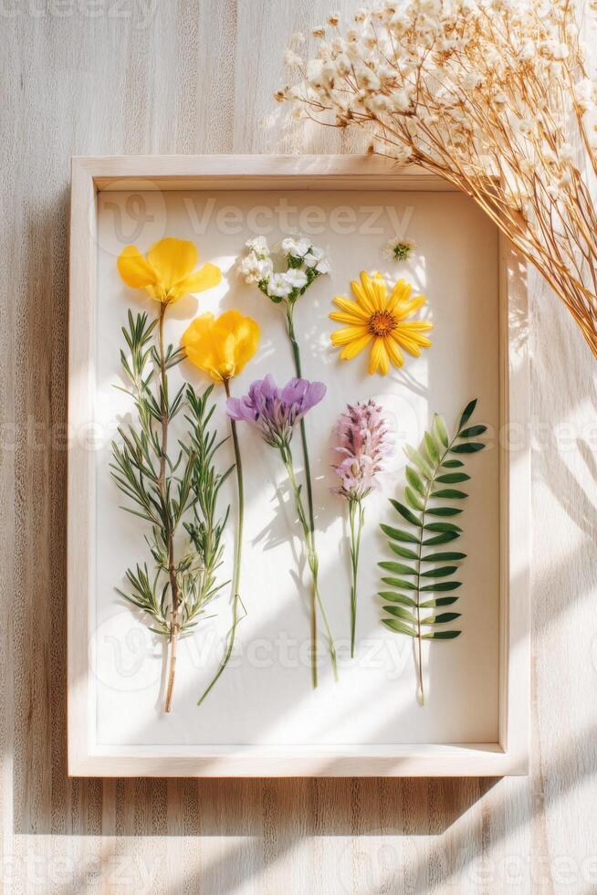 Colorful assortment of pressed wildflowers and greenery displayed in a wooden frame, capturing the beauty of nature and the art of floral preservation in a serene setting photo