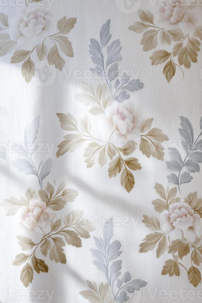 Elegant floral wallpaper design featuring soft pastel colors and intricate leaf patterns, creating a serene and inviting atmosphere for interior decoration and home styling photo