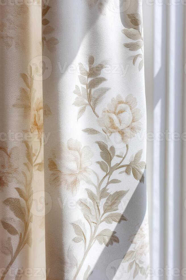Elegant sheer curtain with floral patterns gently illuminated by sunlight, creating a warm and inviting atmosphere in a cozy interior space with soft textures photo