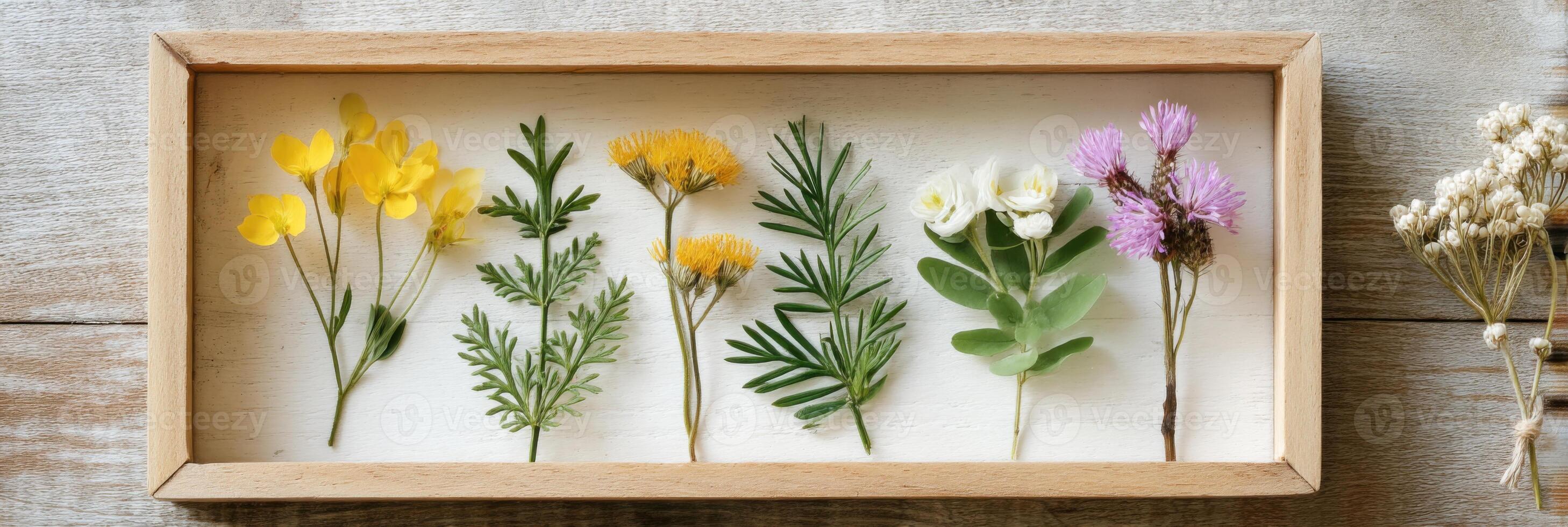 Colorful assortment of pressed wildflowers arranged in a wooden frame, showcasing vibrant petals and delicate leaves on a rustic wooden surface, highlighting nature's beauty and artistry photo